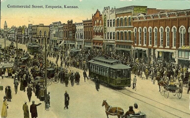 Photo of downtown commercial street in the late 1800s depicting the history of emporia